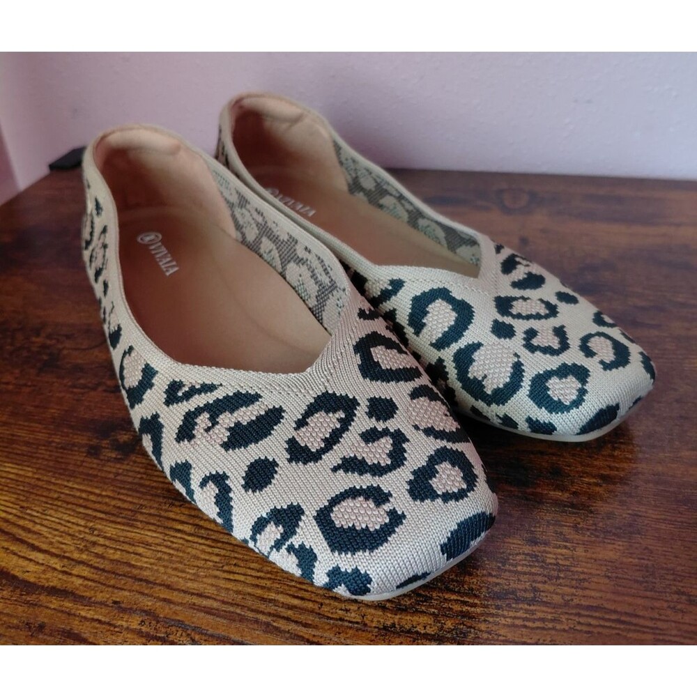 Vivaia Margot Square Toe Flats Leopard Print Comfort Shoe Size 8.5US/39.5EU